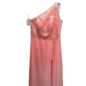 NWT LT LanTing 2XL Mother of Bride Rose Pink Lace Off-Shoulder Thigh Slit Dress